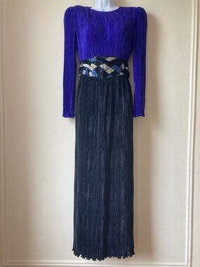 Vtg Ricki Lang Steven Stoller Plisse Pleated Gown Beaded Royal Blue & Black Sz 6